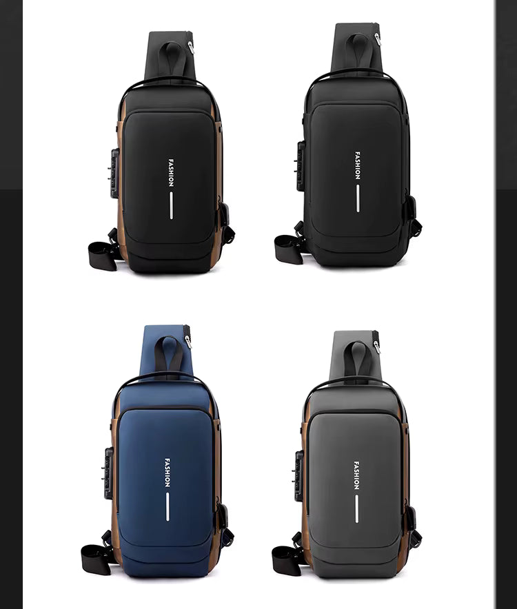 Men’s Trending Waterproof Anti-Theft Shoulder Bag – Motorcycle Chest Sling Bag with Lock, USB Charging Port, Crossbody Design