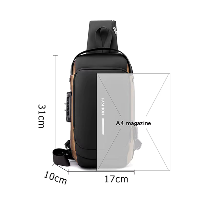 Men’s Trending Waterproof Anti-Theft Shoulder Bag – Motorcycle Chest Sling Bag with Lock, USB Charging Port, Crossbody Design
