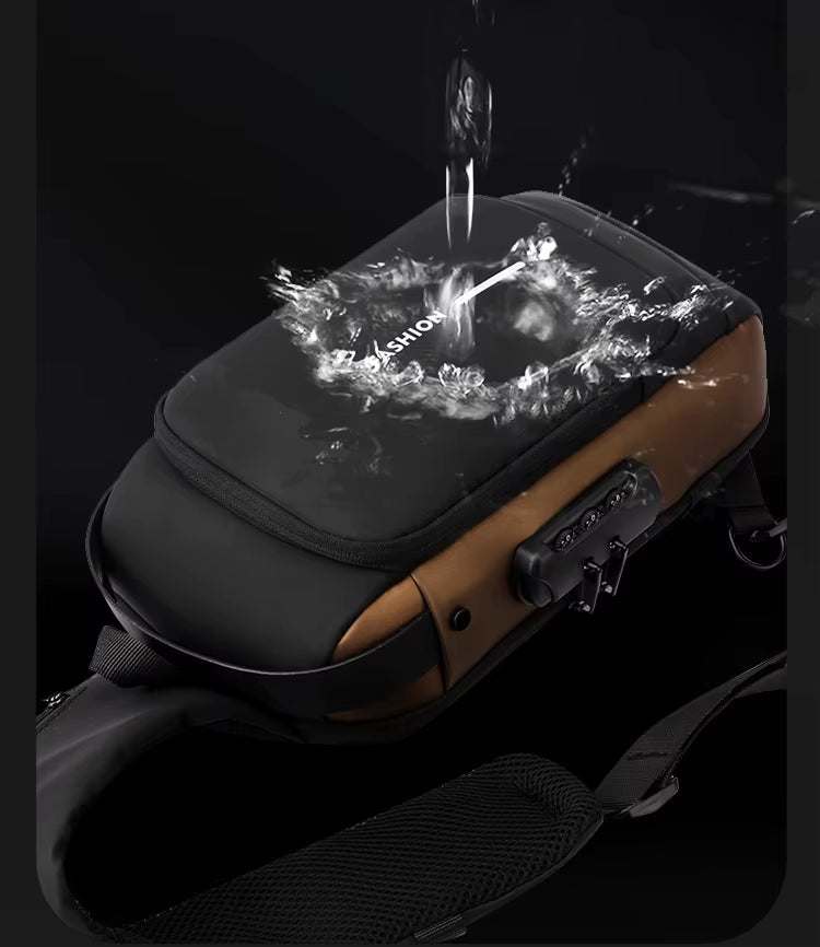 Men’s Trending Waterproof Anti-Theft Shoulder Bag – Motorcycle Chest Sling Bag with Lock, USB Charging Port, Crossbody Design