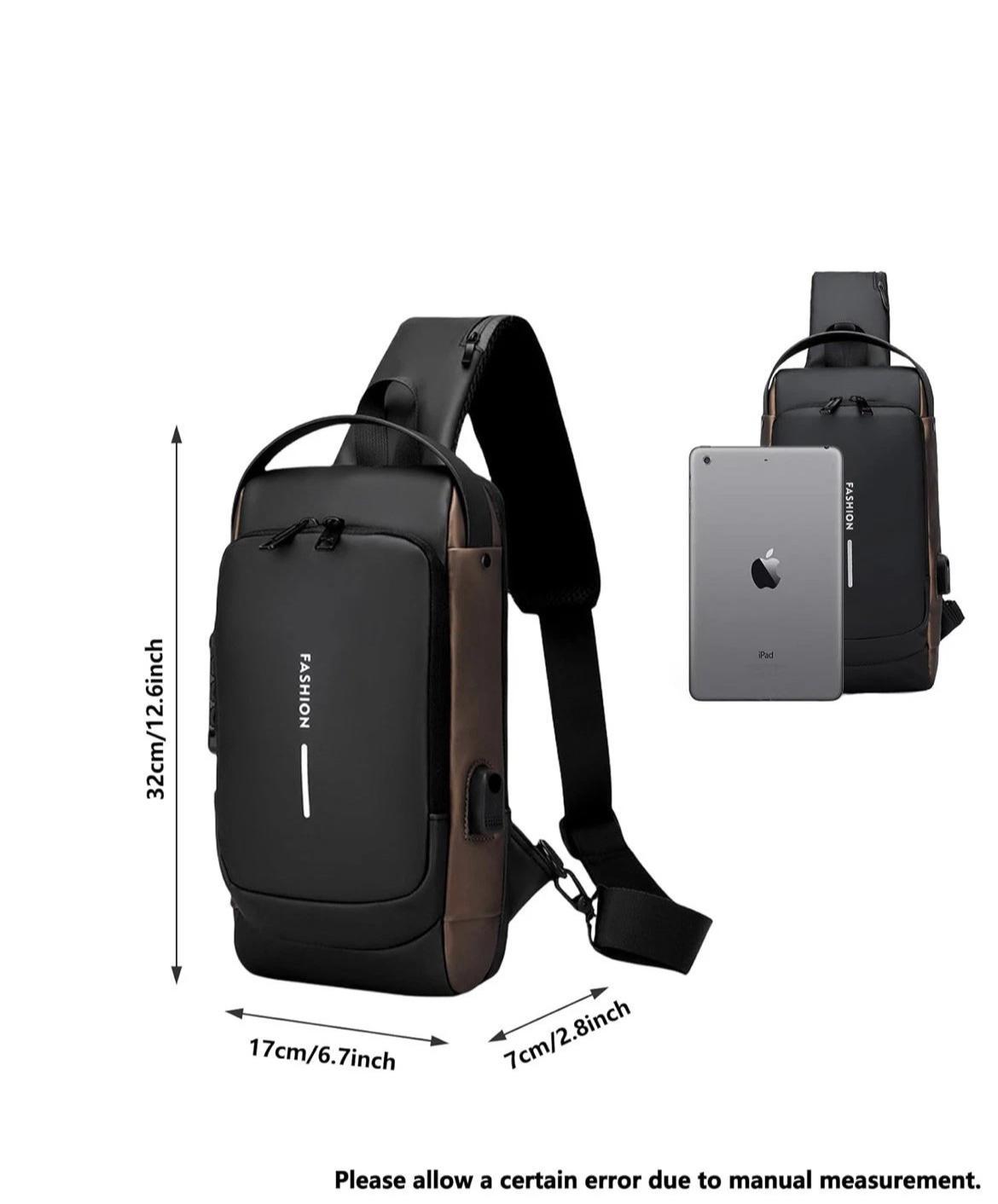 Men’s Trending Waterproof Anti-Theft Shoulder Bag – Motorcycle Chest Sling Bag with Lock, USB Charging Port, Crossbody Design