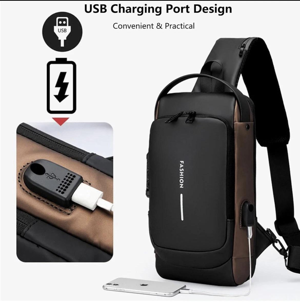 Men’s Trending Waterproof Anti-Theft Shoulder Bag – Motorcycle Chest Sling Bag with Lock, USB Charging Port, Crossbody Design