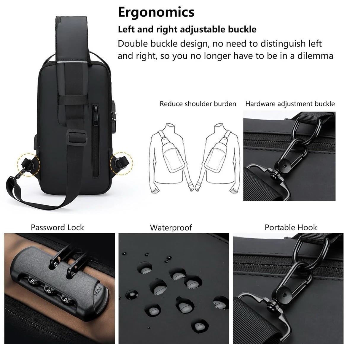 Men’s Trending Waterproof Anti-Theft Shoulder Bag – Motorcycle Chest Sling Bag with Lock, USB Charging Port, Crossbody Design