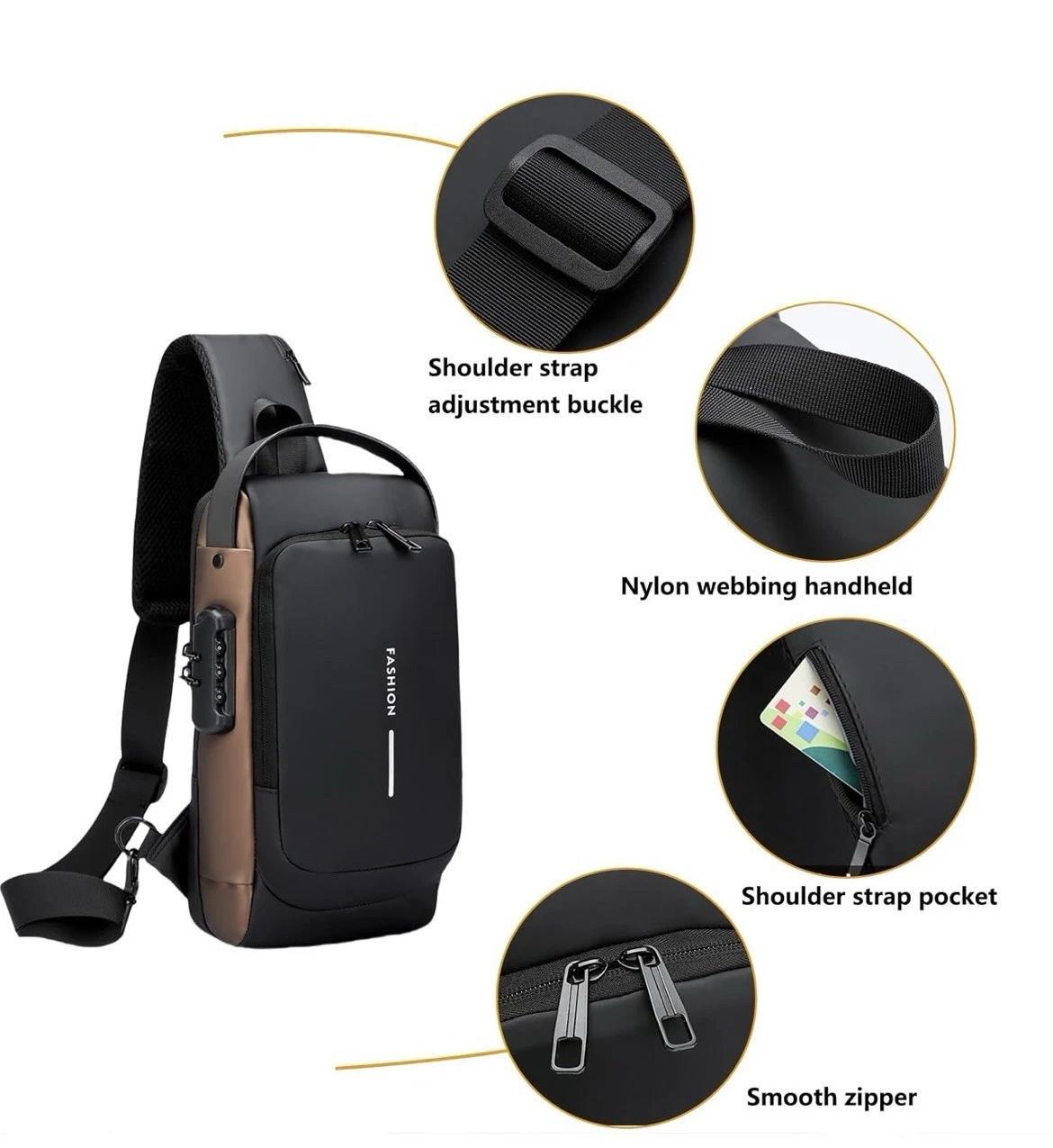 Men’s Trending Waterproof Anti-Theft Shoulder Bag – Motorcycle Chest Sling Bag with Lock, USB Charging Port, Crossbody Design