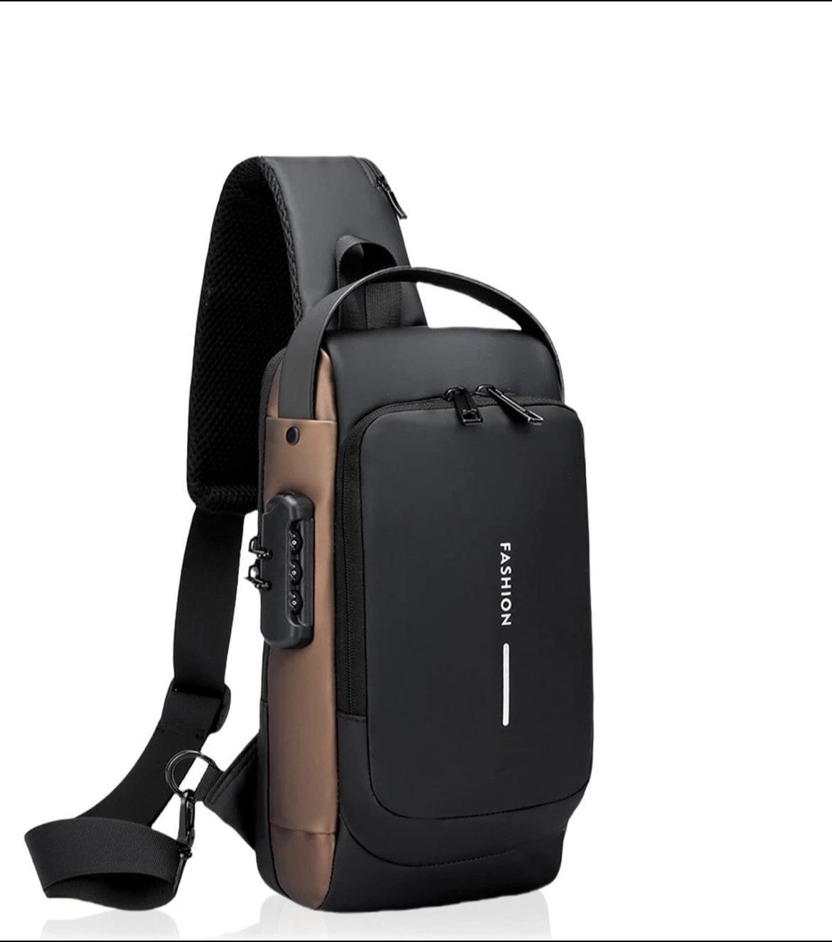 Men’s Trending Waterproof Anti-Theft Shoulder Bag – Motorcycle Chest Sling Bag with Lock, USB Charging Port, Crossbody Design