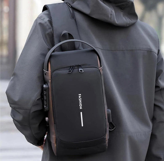 Men’s Trending Waterproof Anti-Theft Shoulder Bag – Motorcycle Chest Sling Bag with Lock, USB Charging Port, Crossbody Design